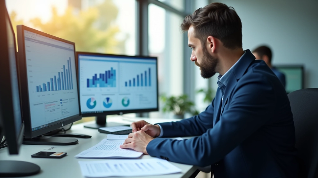 Finanční analytik s grafy na obrazovce a papírovými dokumenty
