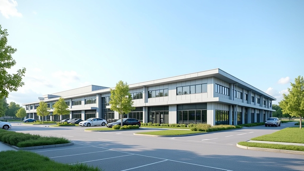 Břežná průmyslové zóny s moderními kancelářskými budovami a zelení, znak prosperity
