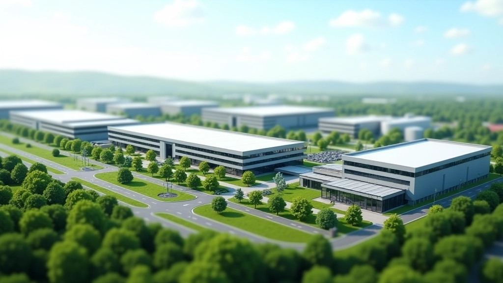 Moderní průmyslový park se zazelenými plochami a moderními fabrikami